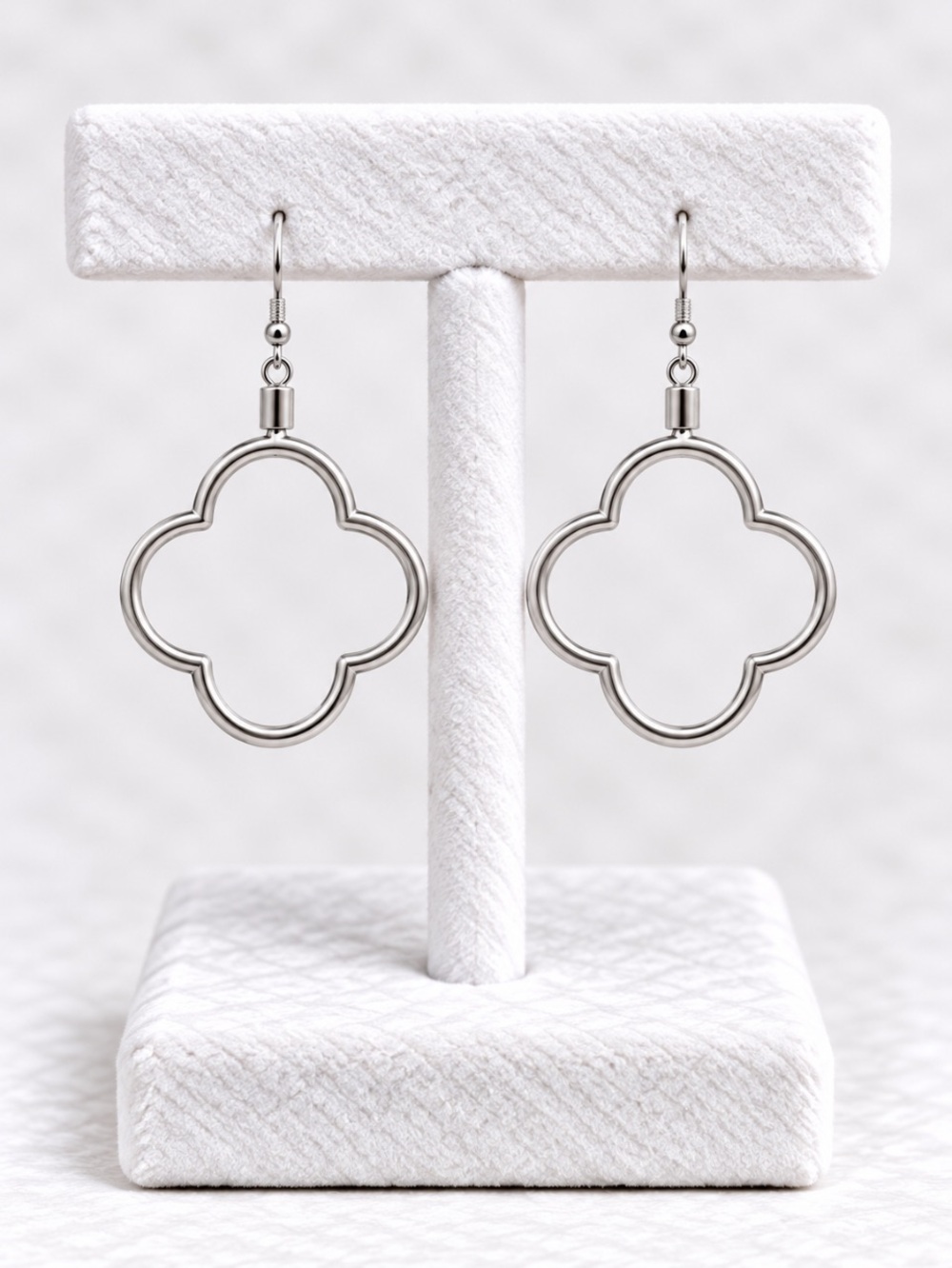 EUNOIA Silver Quatrefoil Clover Dangle Earrings – Two-Tone Statement